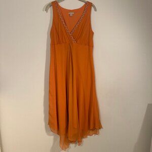 Jonathan Martin Vneck Sleevless Orange Sheer Midi Dress Handkerchief Hem Size 12